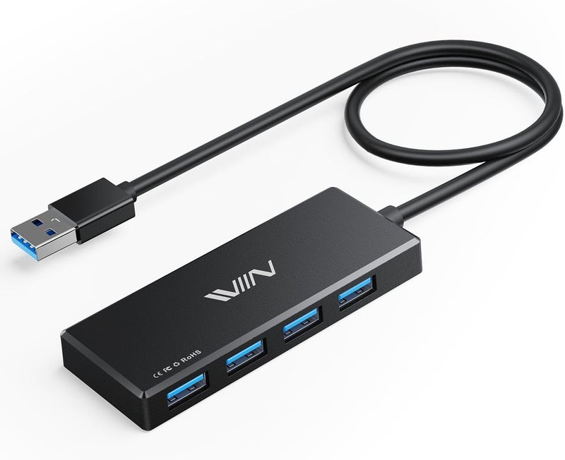 IVIIN محور USB 3.0، موزع USB 4 منافذ، محول محمول متعدد المنافذ لمركز البيانات للكمبيوتر المحمول، Xbox، محرك فلاش، HDD، وحدة التحكم، الكاميرا، لوحة المفاتيح، الفأرة لنظام Windows، Mac OS، الكمبيوتر الشخصي، غير مصمم لشحن الأجهزة - أسود - Image 1
